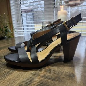 Womens Clarks Comfort Stacked / Leather Look Black Strappy Heeled Sandals 10(11)